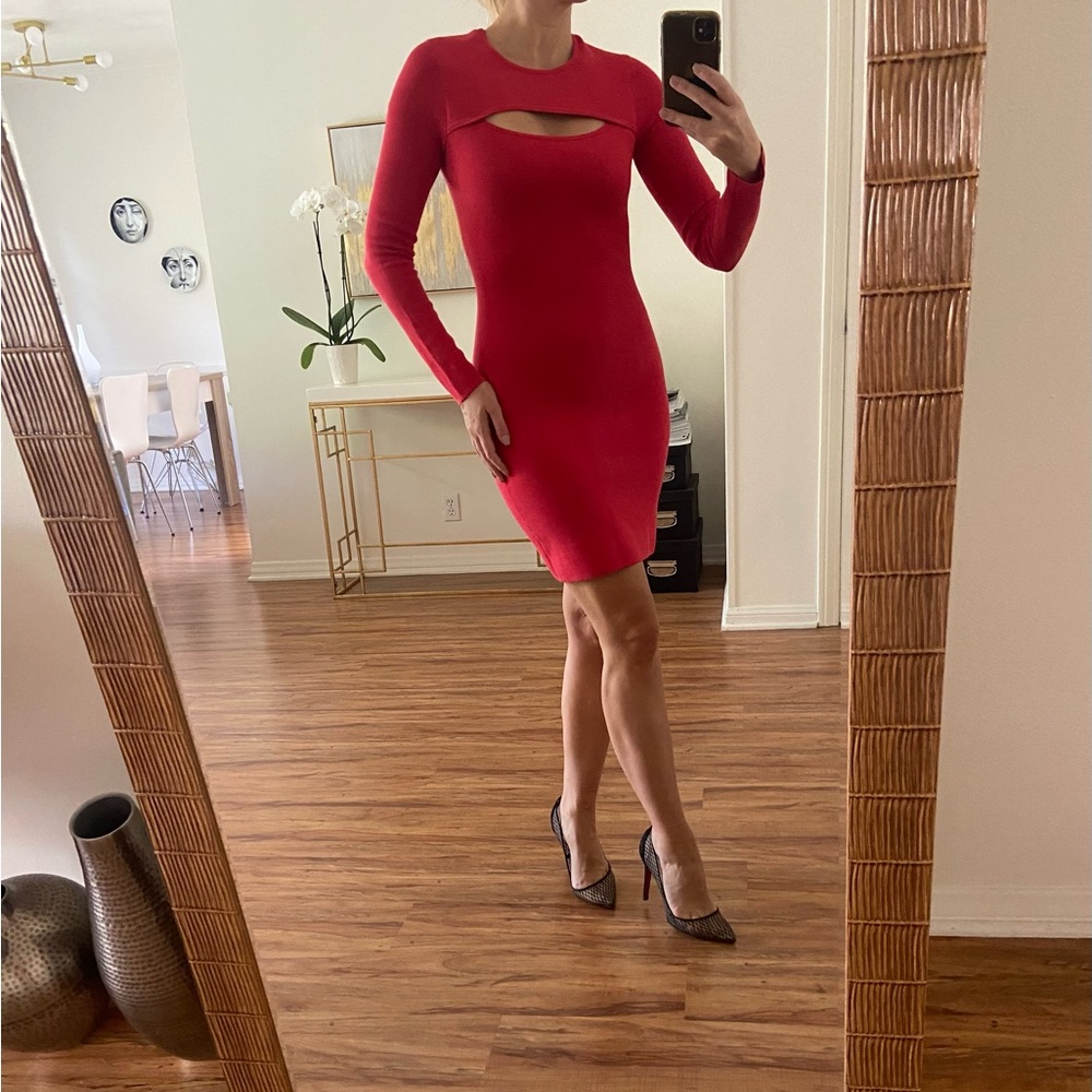BCBGMAXAZRIA Holiday dress- Red long sleeve cutout bodycon mini dress